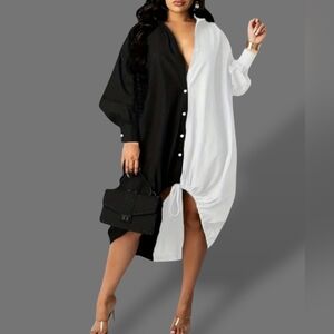 🛑BOGO FREE 🆕Chic Collared Drawstring Hem Shirt Dress